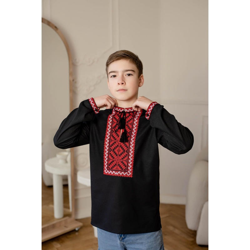 Black Embroidered Ukrainian Shirt for Boys