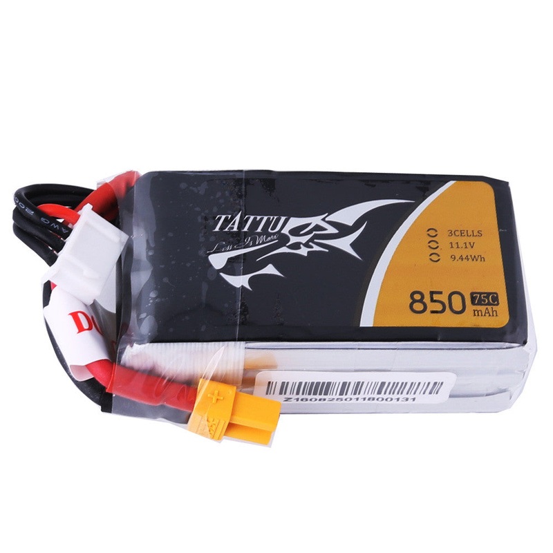 Tattu LiPo Battery Pack 11.1V 3S 850mAh 75C (150C Burst) XT60 Plug, JST-XHR-4P, 9.44Wh