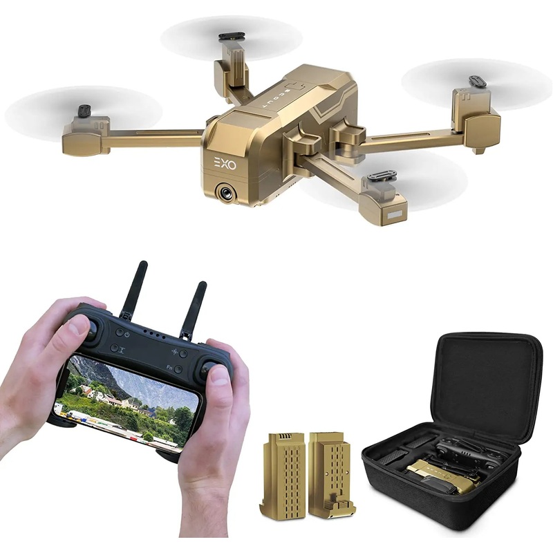 EXO Scout Drone - with Camera for Adults or Kids. Drone Kit with 2 Batteries, Free Carry Case. HD 1080p Video, 3 Speeds, Auto Take-Off/Land, Intelligent AI Modes Professional Camera Drone Gold