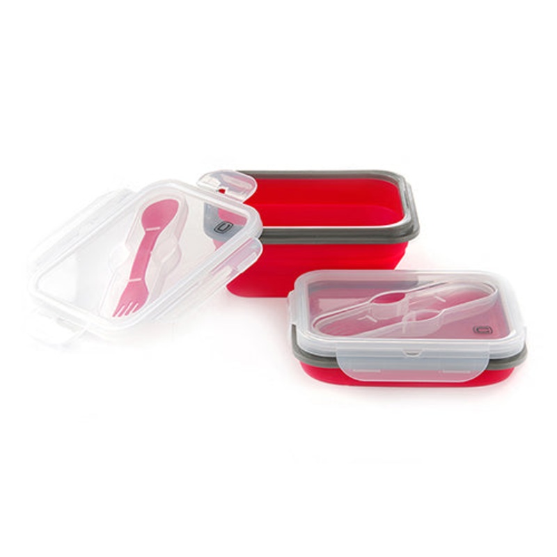 Red 600ml Foldable Lunch Box with Latching Lid and Fork