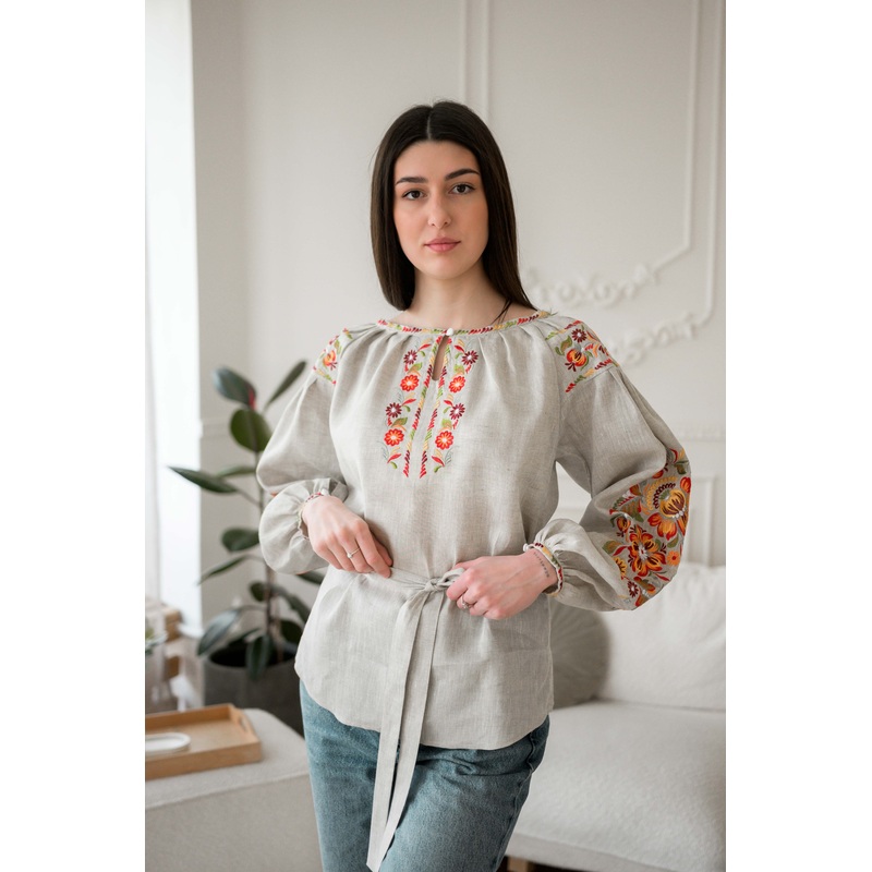 Gray Linen Vyshyvanka with Petrykivka Embroidery