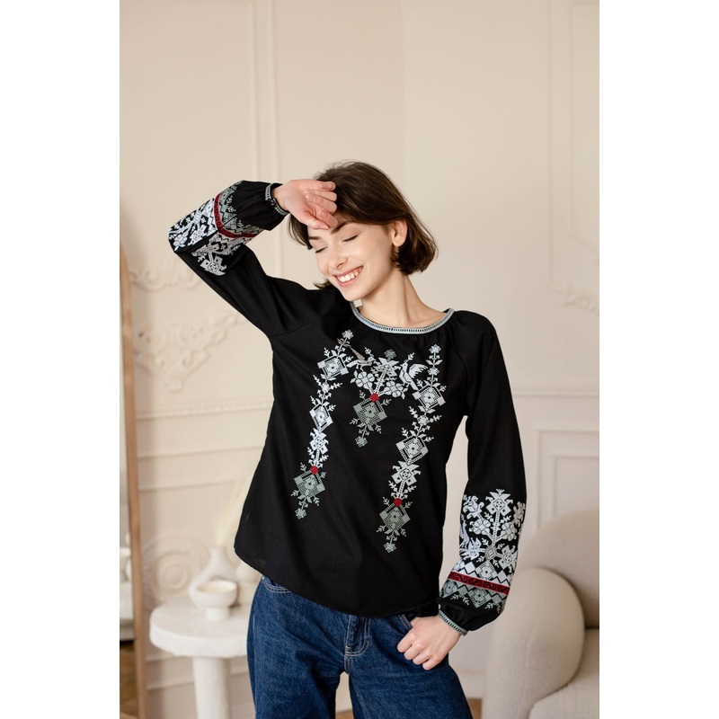Black Long Sleeve Women's Embroidered Shirt with Divo Birds Design