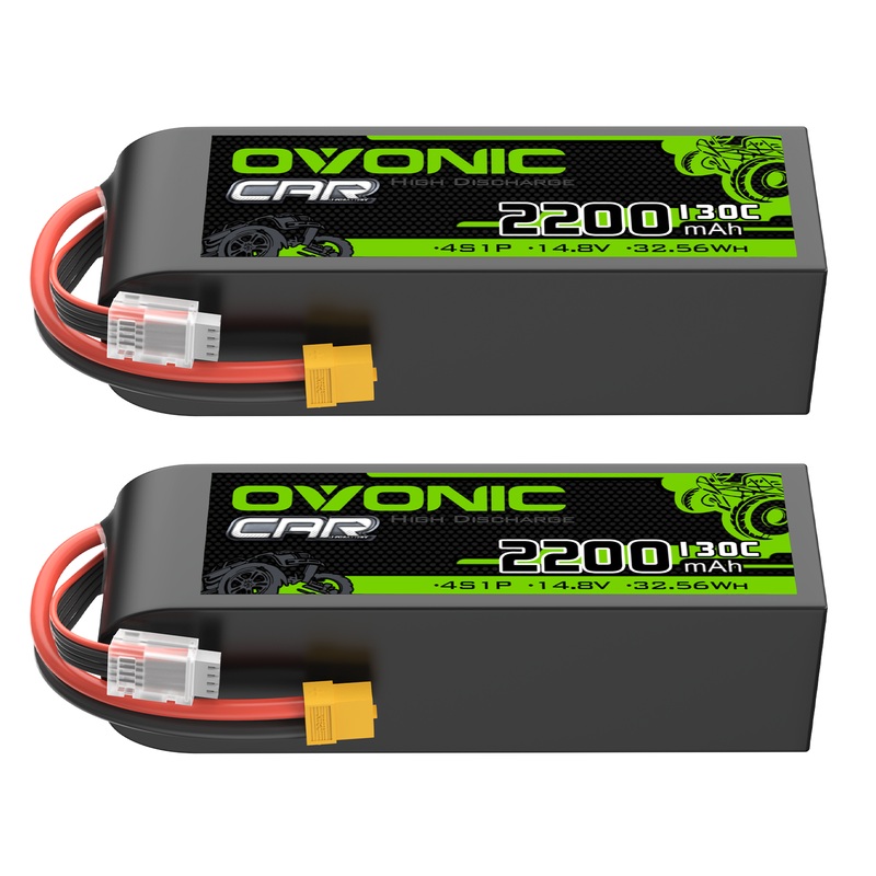 2xOVONIC 2200mAh 14.8V 130C 4S LiPo Battery with XT60 Plug for 1/10 scale RC Cars Trucks