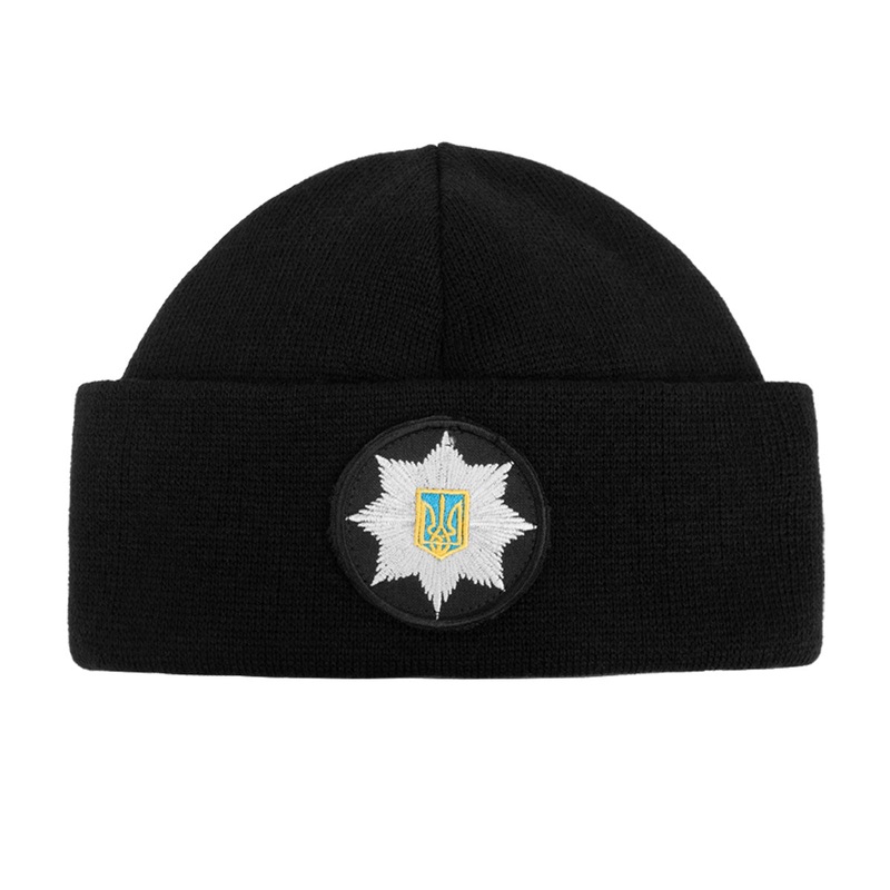 Black Fleece Knit Beanie with Cuff - Police Design