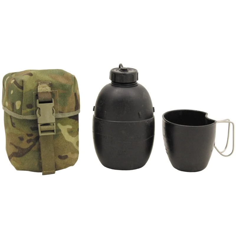MFH Black Flask with Cup in Multicam Pouch
