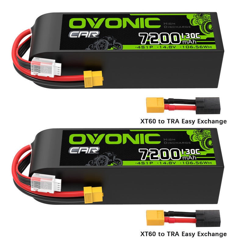 2 x OVONIC 7200mAh 130C 14.8V Lipo Battery with XT60 to TRA Plug for 4S RC Vehicles 1/8 1/10 scale Car Boat