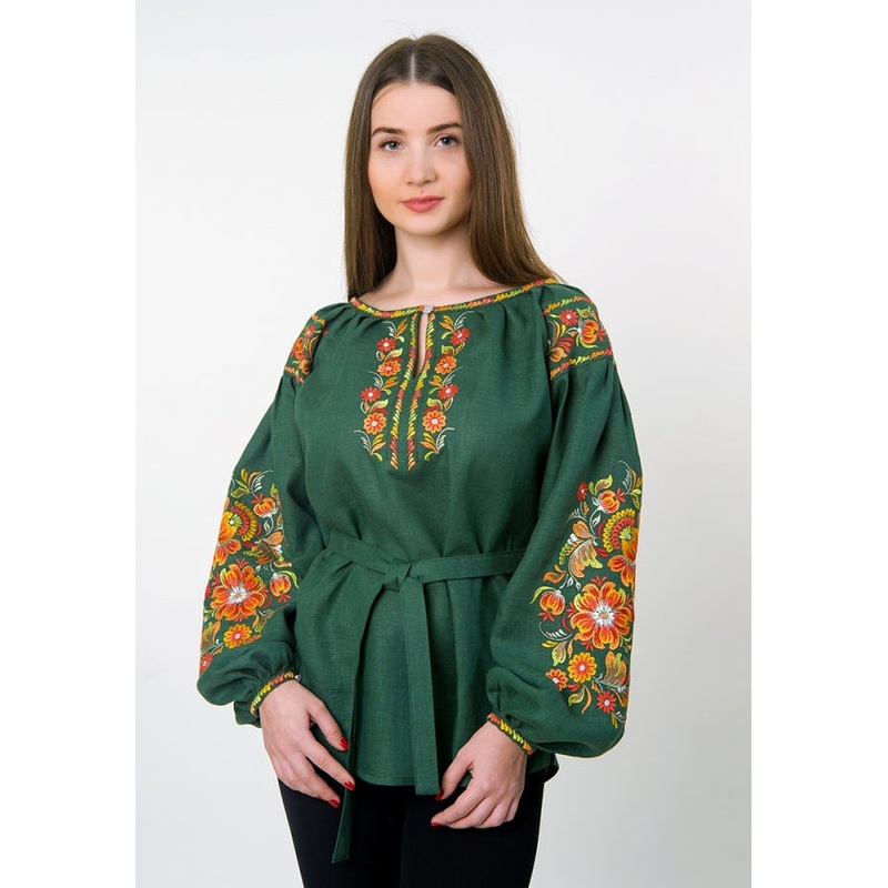 Green Linen Vyshyvanka "Petrykivka"