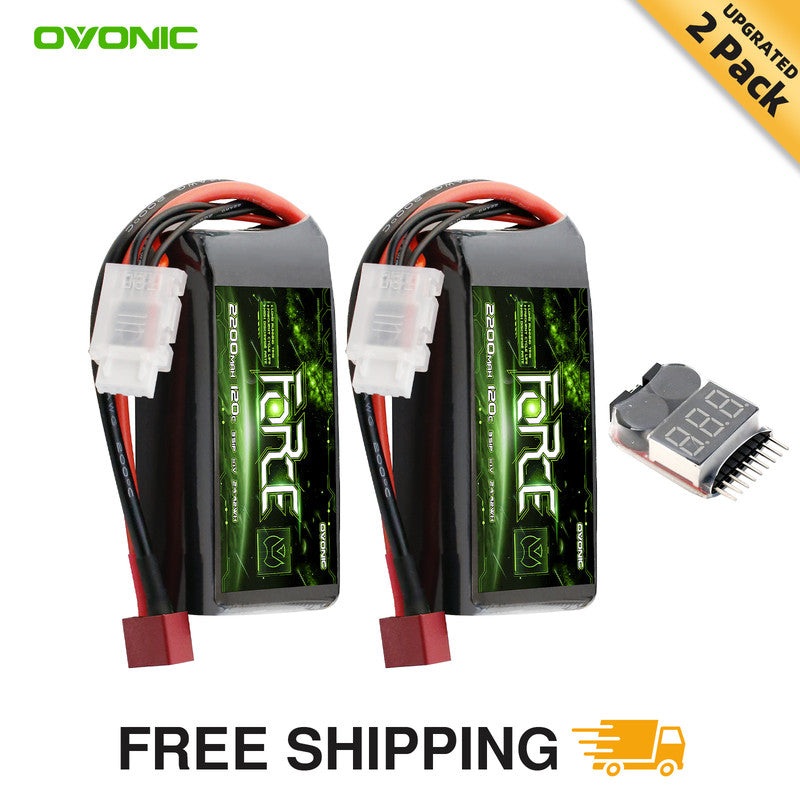 2-Pack Ovonic Force 3S 2200mAh 120C 11.1V Short LiPo Battery w/Deans Plug for 1/10 Race Buggy & On-Road Car (Voltage Checker Included)