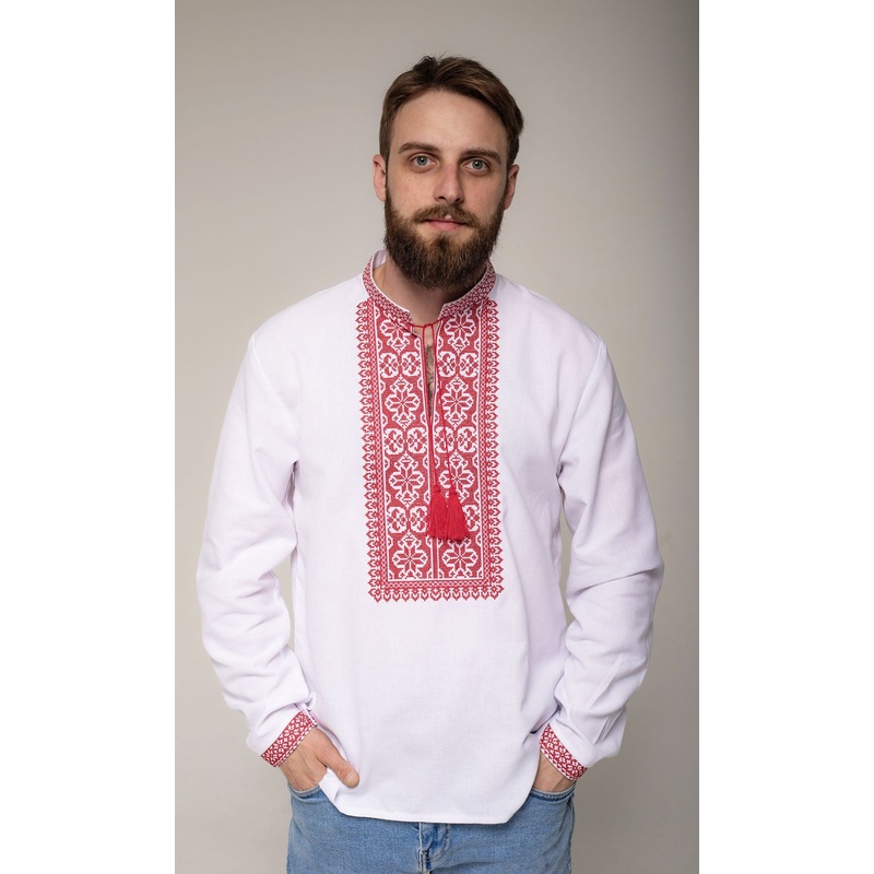 Men's Embroidered Shirt with Red Pattern