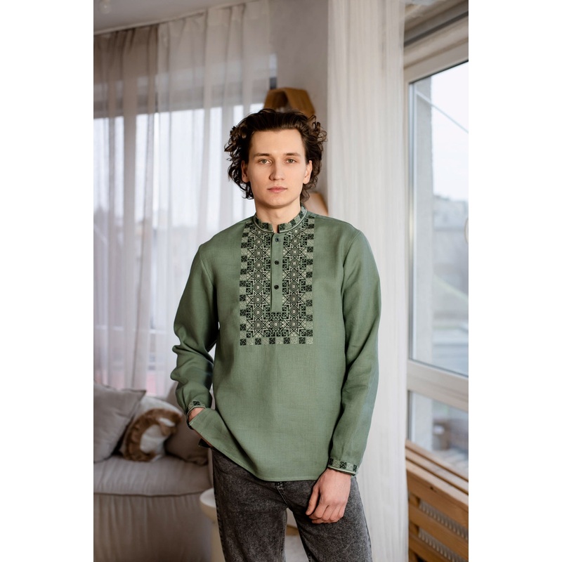Modern Men's Linen Embroidered Shirt with Buttons