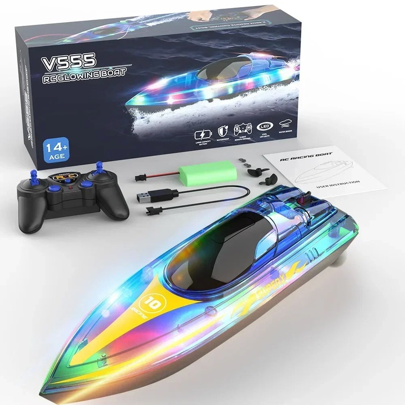 V555 2.4GHz RC Boat 15KM/h Lighting Racing Speedboat, Transparent Cover, LED Effects, 50M Range, 60min Runtime green