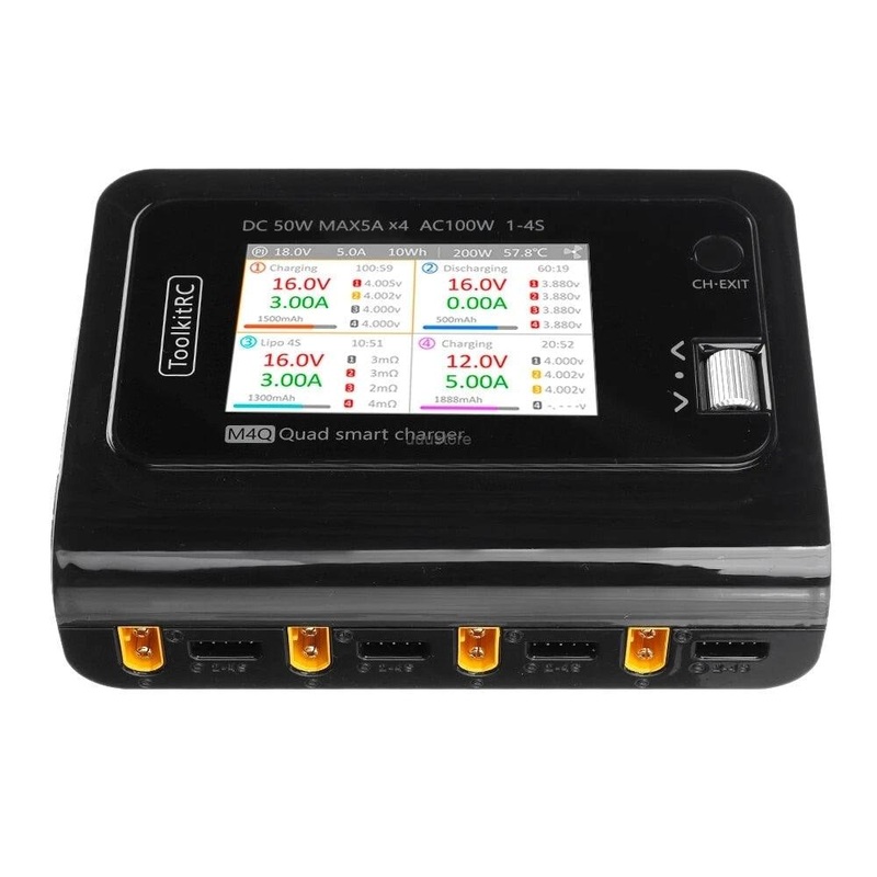 ToolkitRC M4Q Drone Charger - 4x50w 5A 1-4S AC 100W 4 Ports XT60 XT30 DC Smart Charger 32 Bit ARM IPS Bright Clear Wide Angle Display for RC FPV Drone M4Q EU Plug XT60