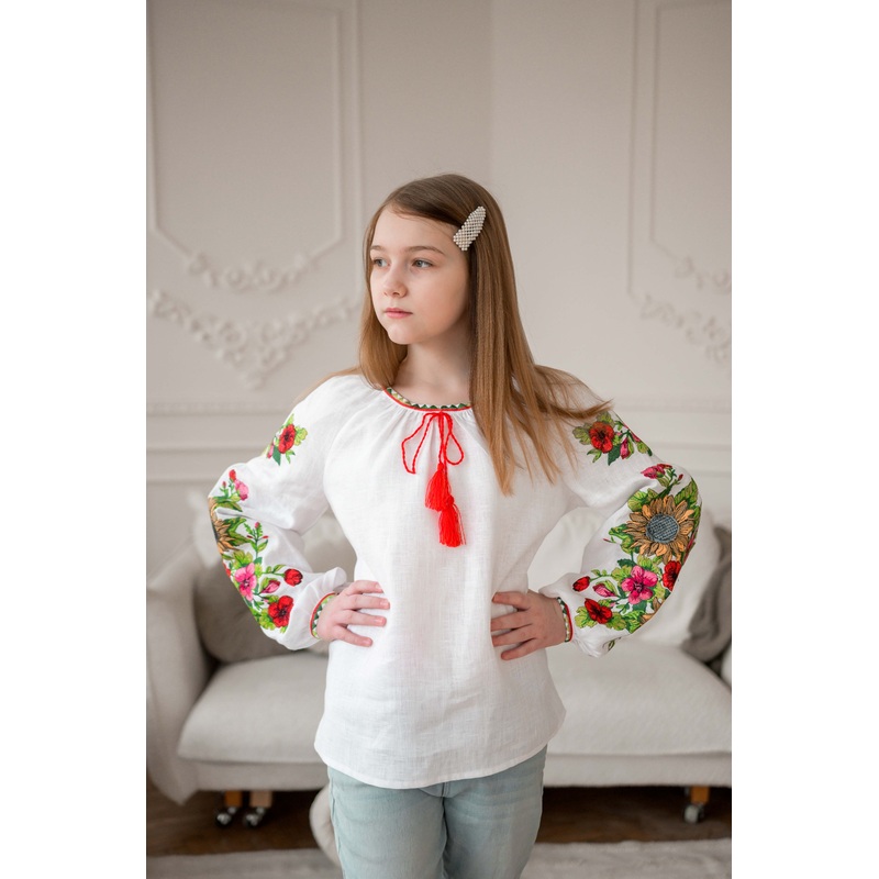 White Children's Embroidered Long Sleeve Shirt Sunflowers