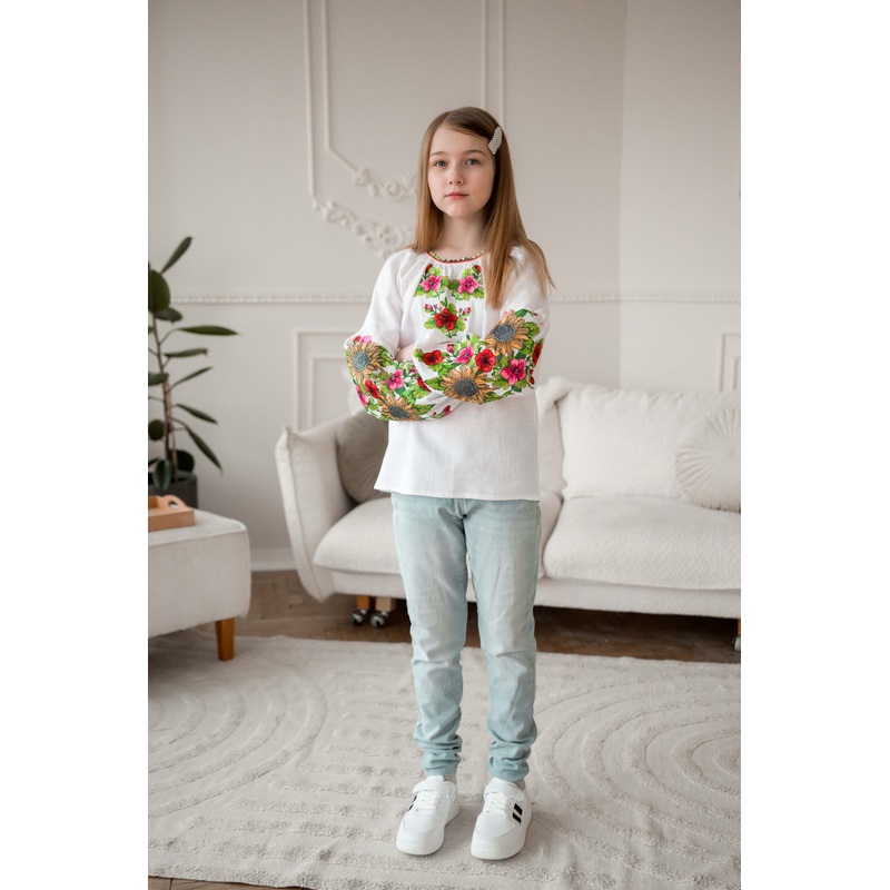 White Linen Children's Embroidered Shirt "Sunflowers"