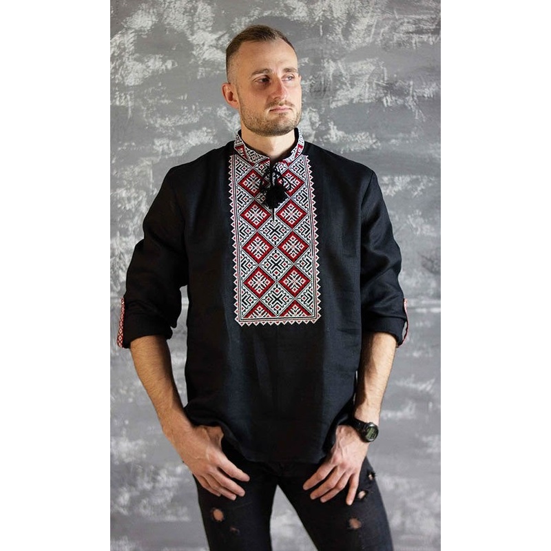 Linen Embroidered Shirt with Pat-Button Cuffs