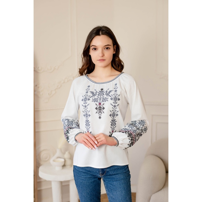 White Long Sleeve Embroidered Women's Vyshyvanka Divo-ptakhi
