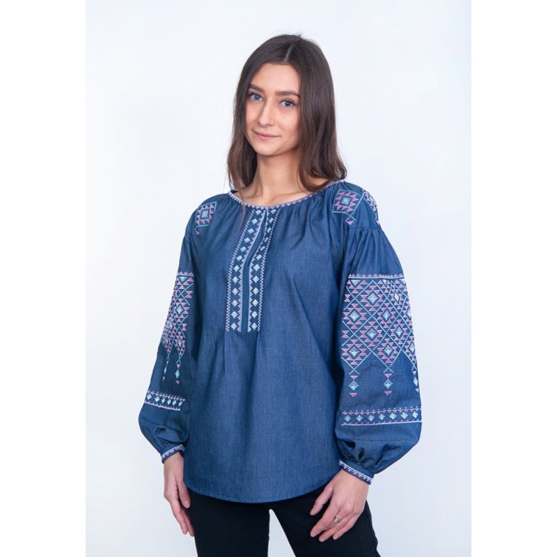 Designer Embroidered Cotton Shirt in Denim Blue