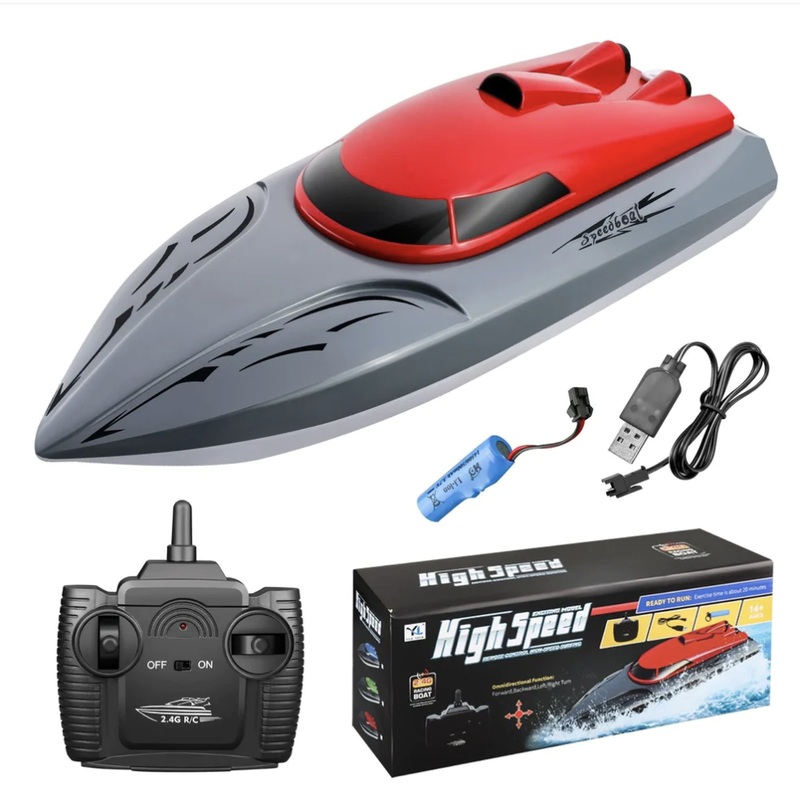 Rc Boat 2.4G High Speed 20km/h Remote Control Speed Boat Rechargeable Waterproof Anti-collision Protection Toys for Children red 1 battery