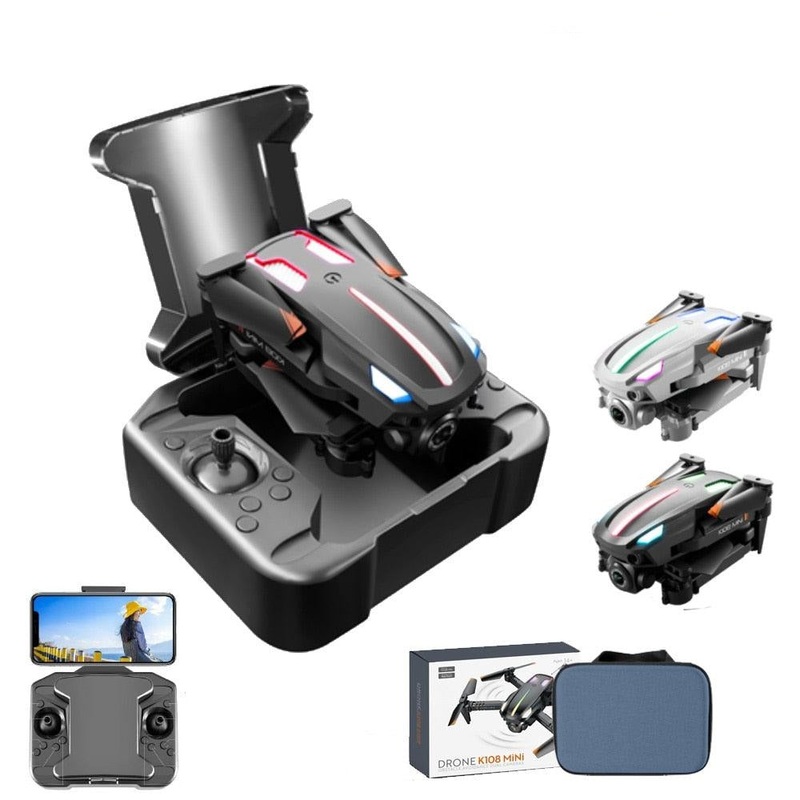 K108 Drone - 4K HD Camera Three-sided Obstacle Avoidance Fixed Height Professional Foldable Quadcopter Boy for Toys Black 480P Bag 1B