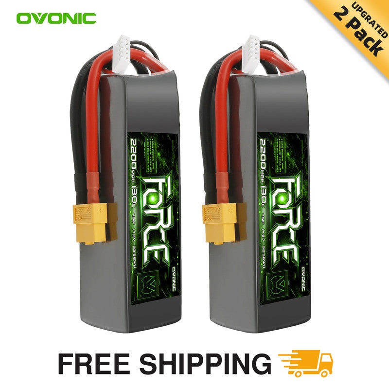 2-Pack Ovonic Force 4S 2200mAh 130C 14.8V LiPo Battery w/XT60 Plug for 1/10 Scale Buggy/Truck & 5-inch FPV Quad