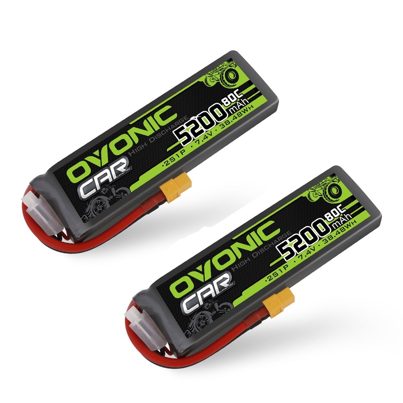 2 OVONIC 2S Lipo Battery 5200mAh 80C 7.4V RC Lipo Battery with XT60 Plug for 1/10 & 1/8 RC Cars, Trucks, Buggies & Airplanes