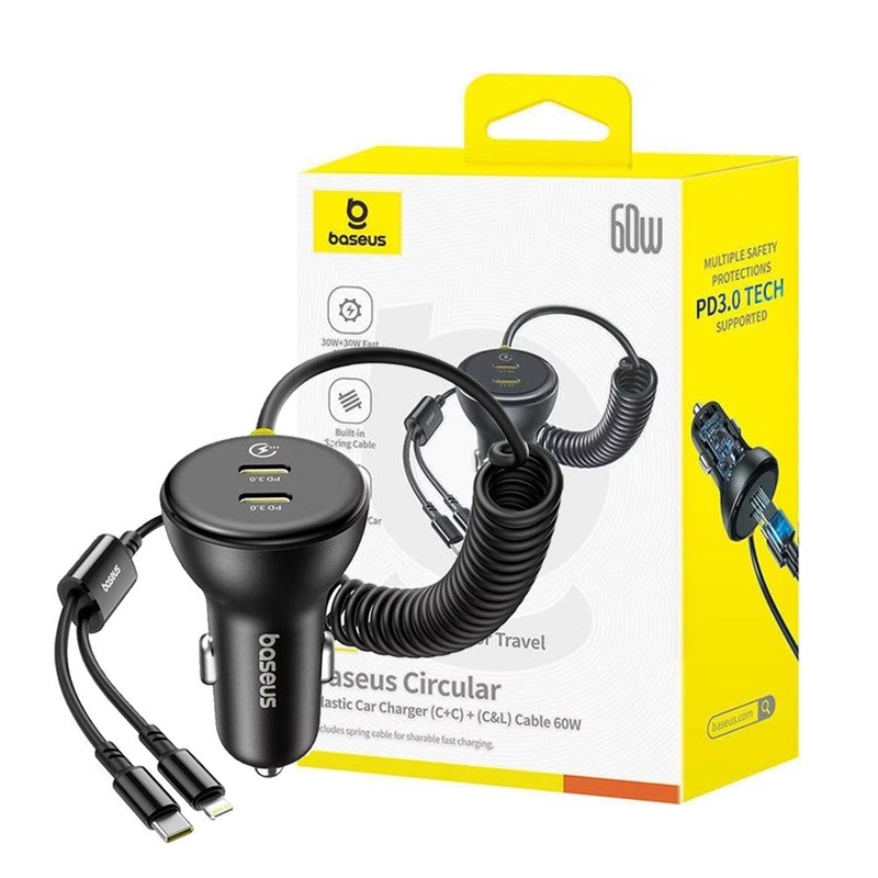 Baseus Circular Plastic Car Charger (C+C) + (C&L) Cable 60W