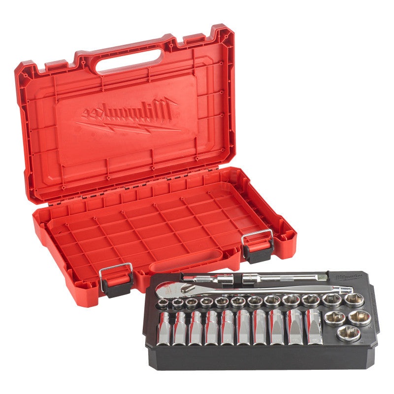 Milwaukee 1/2" Chrome Socket Set with Ratchet, 28 Pieces, Plastic Case