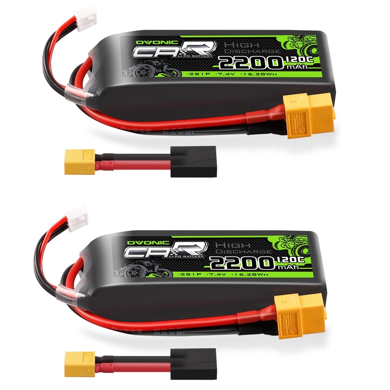 2xOvonic 2S Lipo Battery 2200mAh 120C 7.4V RC CAR Lipo Battery With XT60 to TRA for 1/16 Slash E-Revo RC Car RC Truck