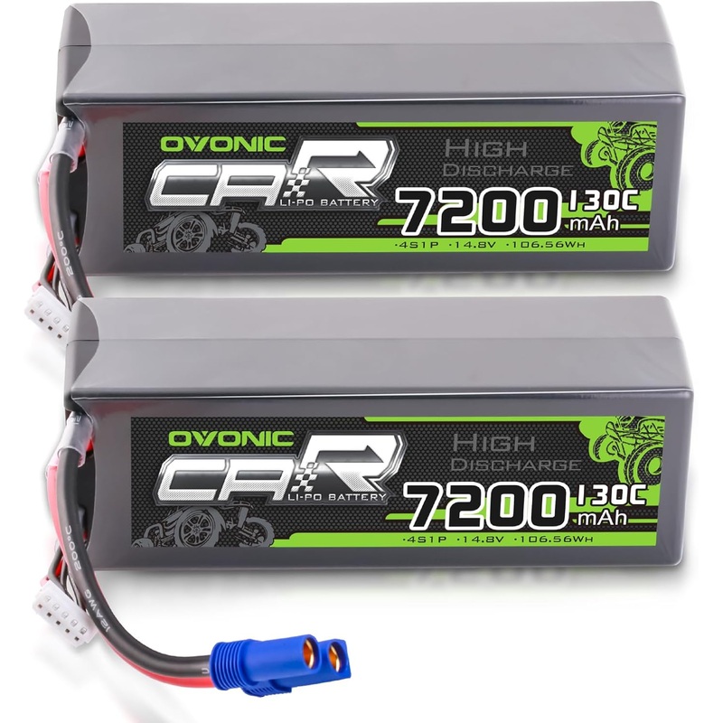 2 OVONIC 4S Lipo Battery 7200mAh 130C 14.8V RC Lipo Battery with EC5 Plug for 1/8 & 1/10 RC Cars Trucks Buggies & Boats