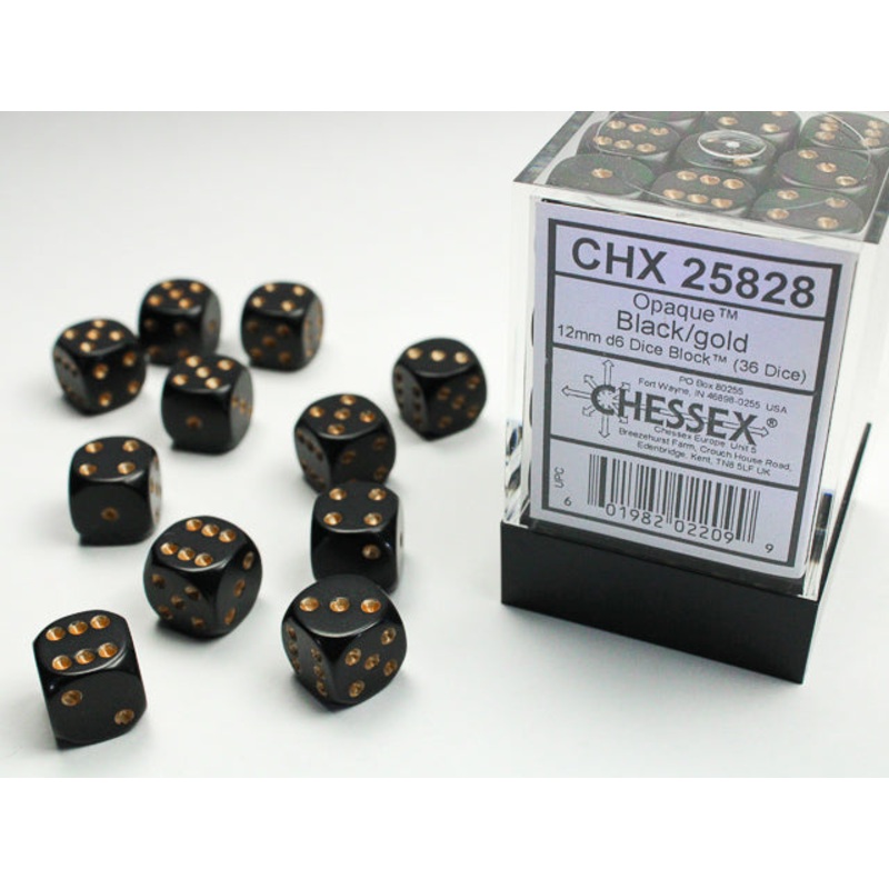 Chessex 25828 Opaque 12mm d6 (36 Dice) Black/gold