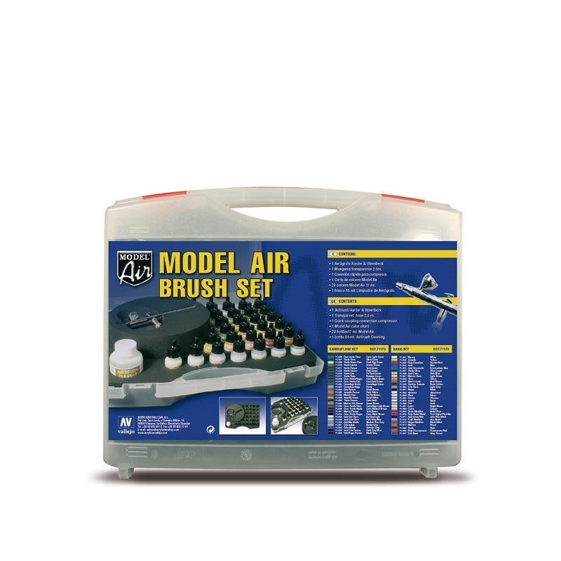 Vallejo 71173 Model Air - 29 Colors case + airbrush - Camouflage Model Air Colors. Includes: 29 Model Air Colors, an Ultra H. S. airbrush, Hose 2,5 m, 1 quick Coupling Connection, 1 Airbrush Cleaner, and a Color chart.
