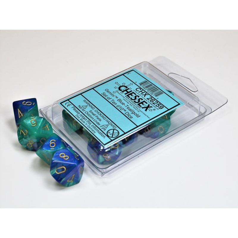 Chessex 26259 Gemini Blue-Teal/gold Set of Ten d10s