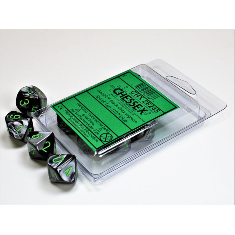 Chessex 26245 Gemini Black-Grey/green Set of Ten d10s