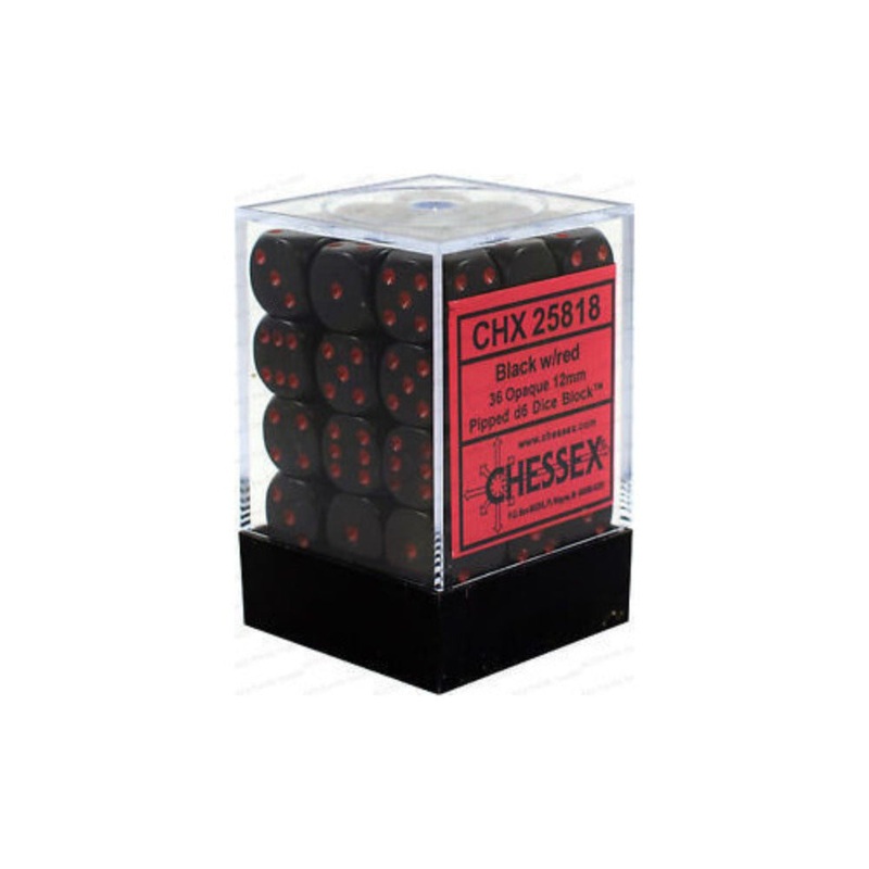 Chessex 25818 Opaque 12mm d6 Black/red Dice Block (36 dice)