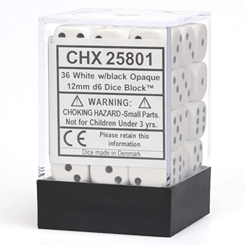 Chessex 25801 Opaque 12mm d6 White/black Dice Block (36 dice)