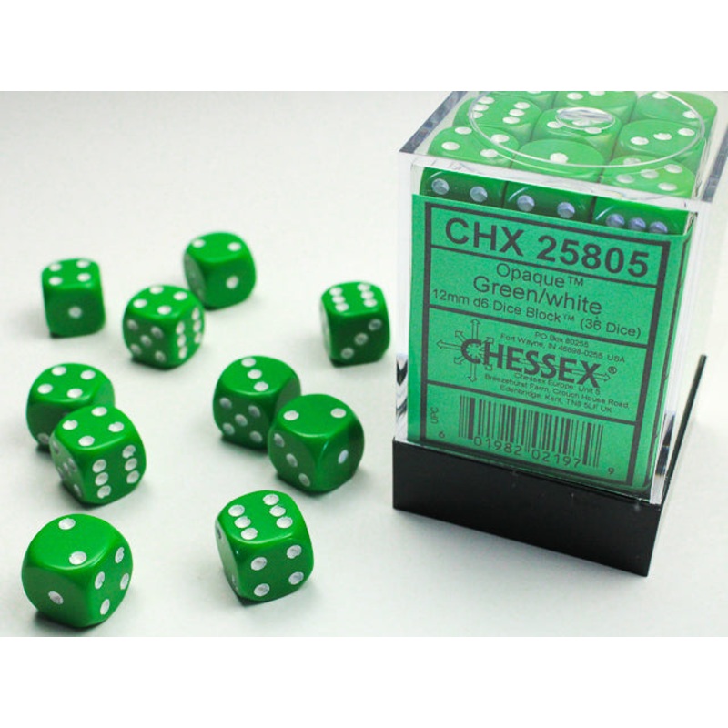 Chessex 25805 Opaque 12mm d6 (36 Dice) Green/white