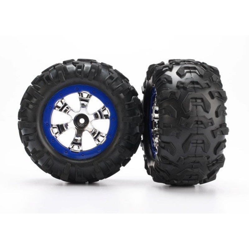 Traxxas 7274 - Tires and wheels assembled glued (Geode chrome blue beadlock style wheels Canyon AT tires foam inserts) (1 left 1 right)