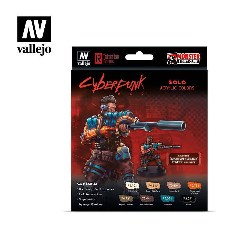 Vallejo 72309 Game Colour Cyberpunk Solo Acrylic Paint Set w/ Jonathan "Warlock" Powers Miniature