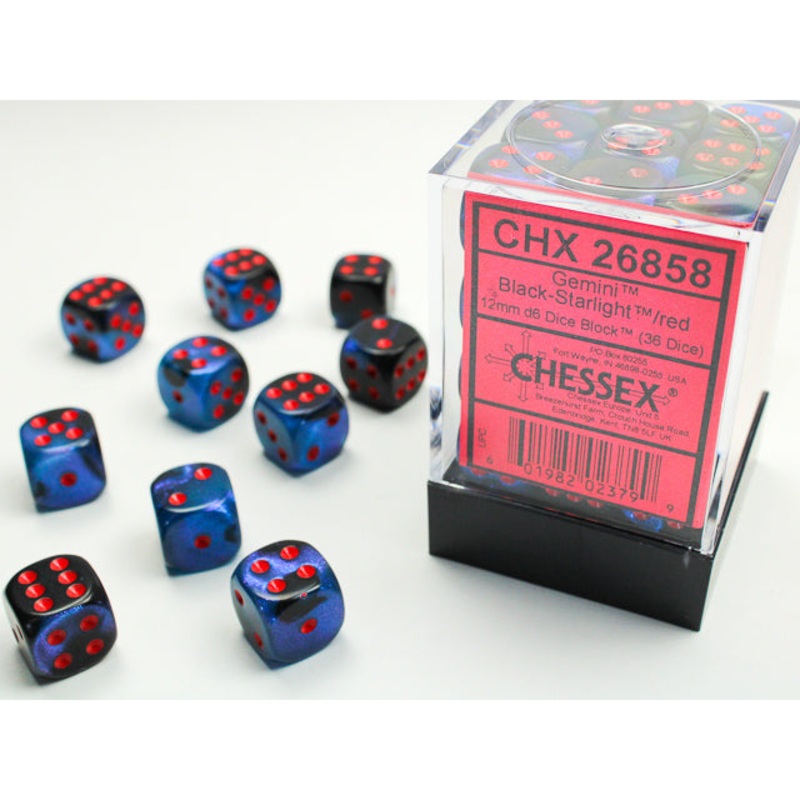 Chessex 26858 Gemini 12mm d6 Black-Starlight/red Dice Block (36 dice)