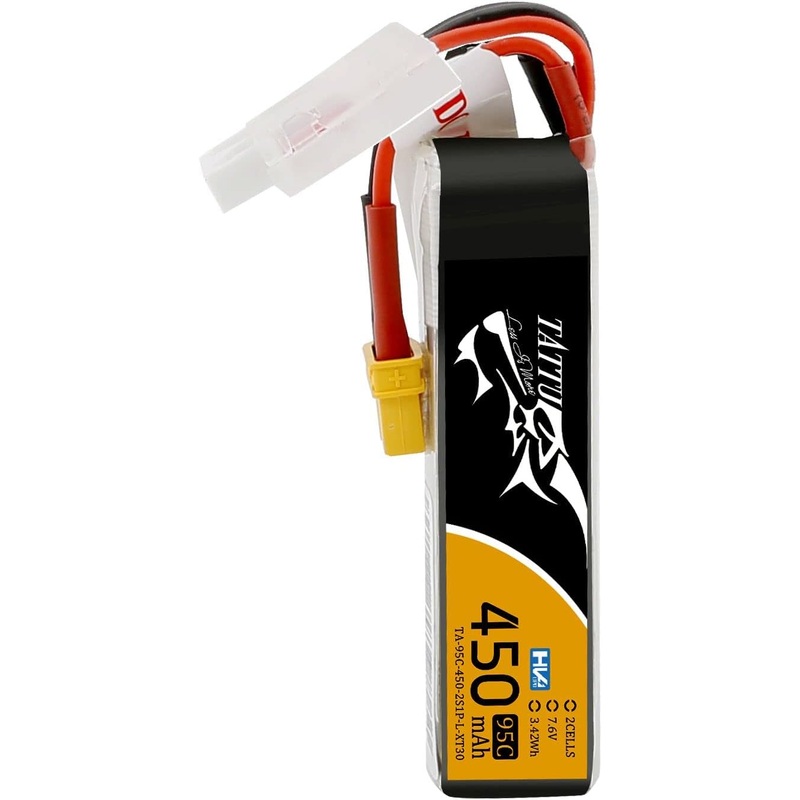 TATTU 450mAh 7.6V High Voltage 95C 2SLipo Battery Pack with XT30 Plug - Long Pack for Small Drones