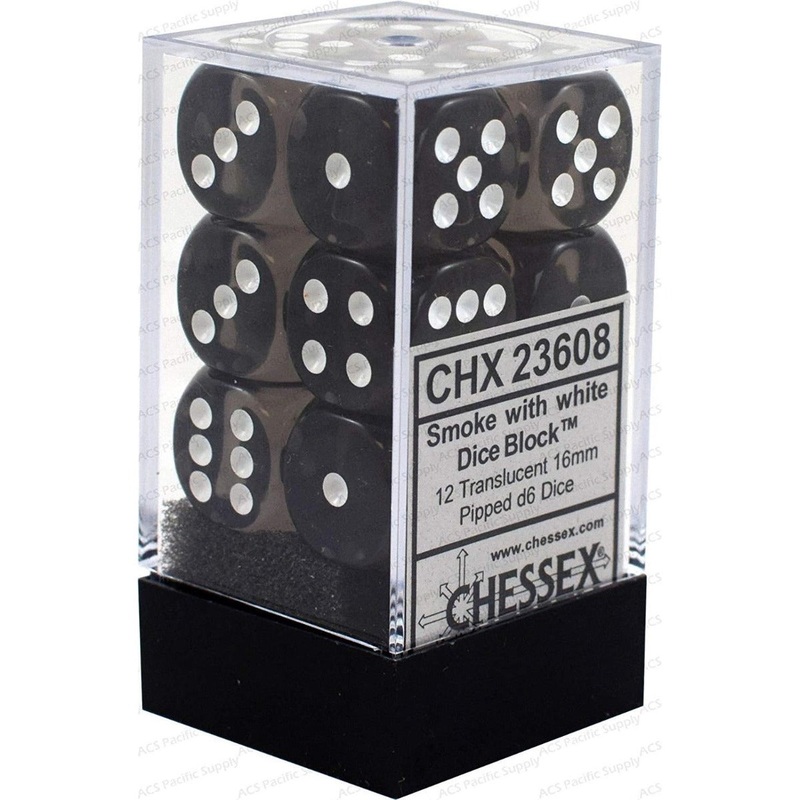 Chessex 23608 Translucent 16mm d6 Smoke/white Dice Block (12 dice)