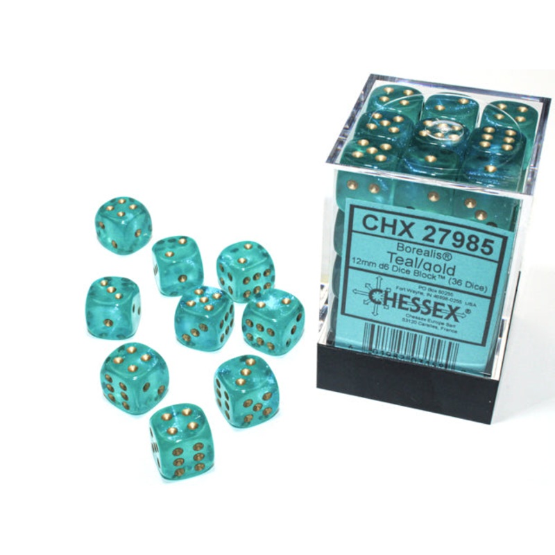 Chessex 27985 Borealis 12mm d6 Teal/gold Luminary Dice Block (36 dice)