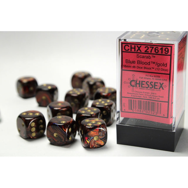 Chessex 27619 Scarab 16mm d6 Blue Blood/gold Dice Block (12 dice)