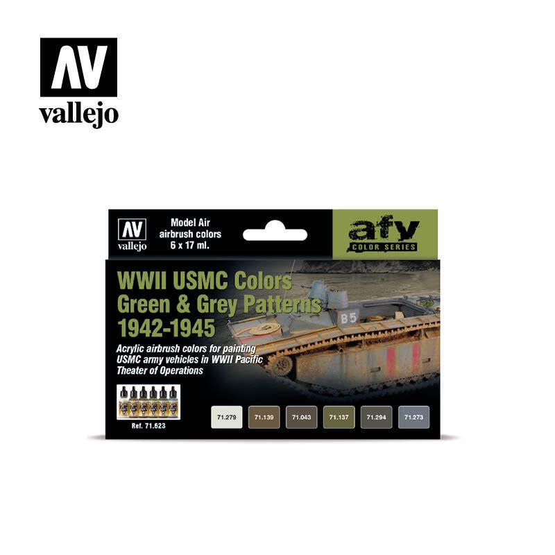 Vallejo AV71623 Model Air Wwii Usmc Colors Green & Grey Patterns 1942-1945 6 Colour Set