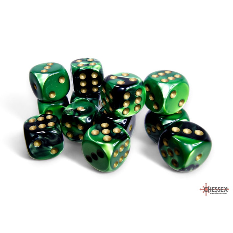 Chessex 26639 Gemini 16mm d6 Black-Green/gold Dice Block (12 dice)