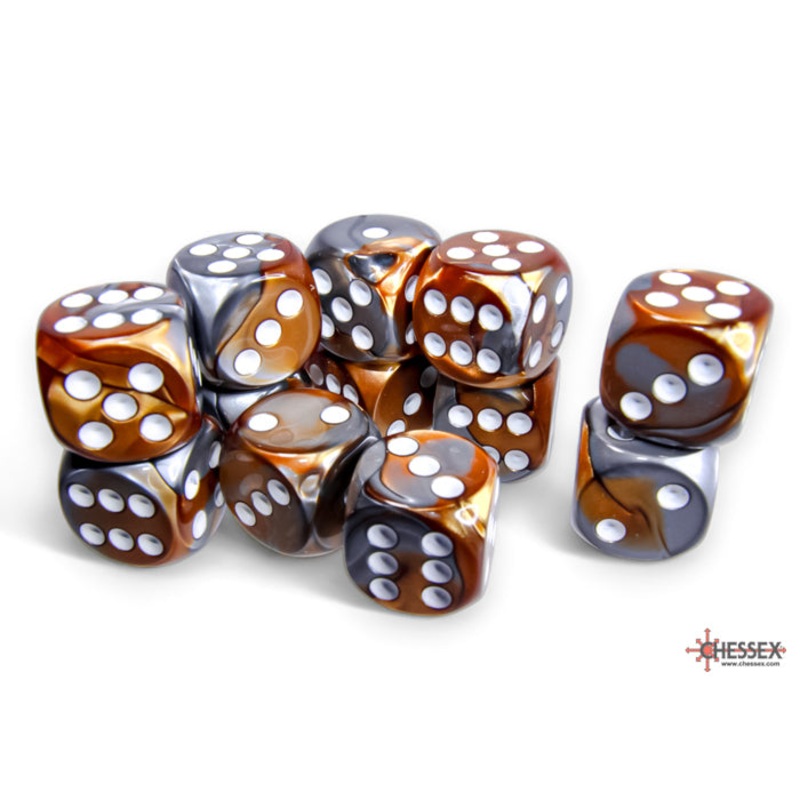 Chessex 26624 Gemini 16mm d6 Copper-Steel/white Dice Block (12 dice)