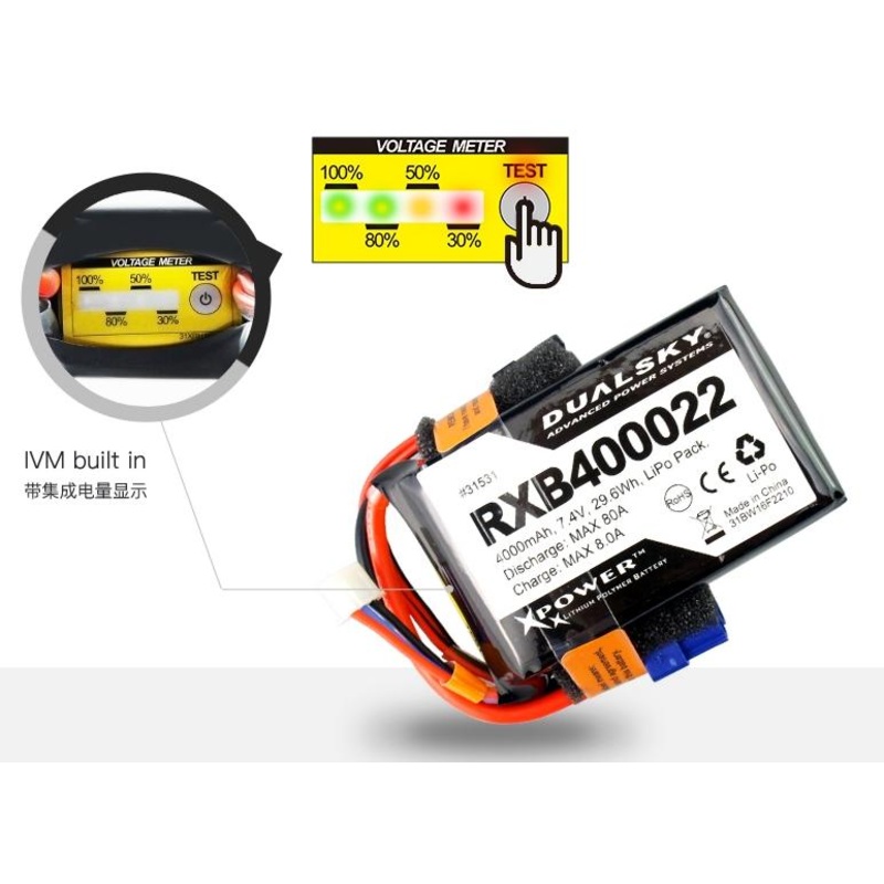 Dual Sky DSB-31531 4000mAh 2S 7.4V 20C LiPo Receiver Battery with Servo and XT60 Connector