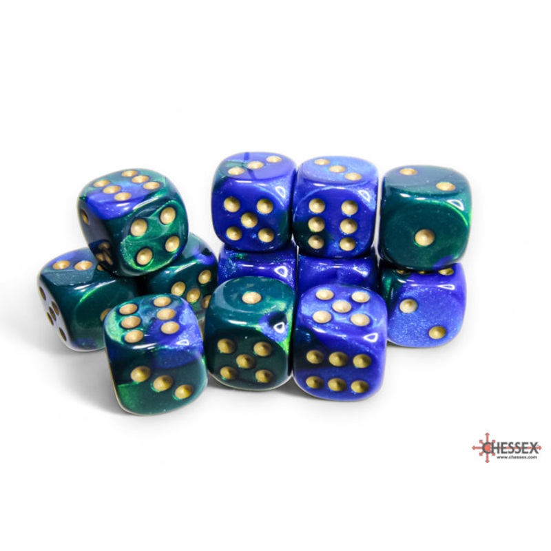 Chessex 26636 Gemini 16mm d6 Blue-Green/gold Dice Block (12 dice)