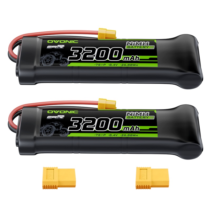2 OVONIC 8.4V 3200mAh NiMH Battery Pack 7-Cell Flat with XT60 & TRX Plug for RC Vehicles