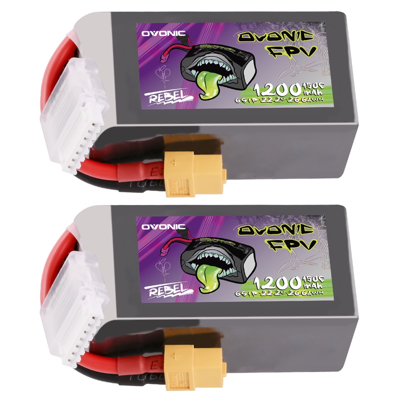 2Ovonic Rebel 2.0 6S Lipo Battery 1200mAh 6S1P 150C 22.2V FPV LiPo Battery with XT60 Plug for FPV Racing Freestyle Cinewhoop Toothpick Long Range Drone